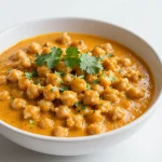 A bowl of vegan butter chicken made with chickpeas, garnished with fresh cilantro and served with rice