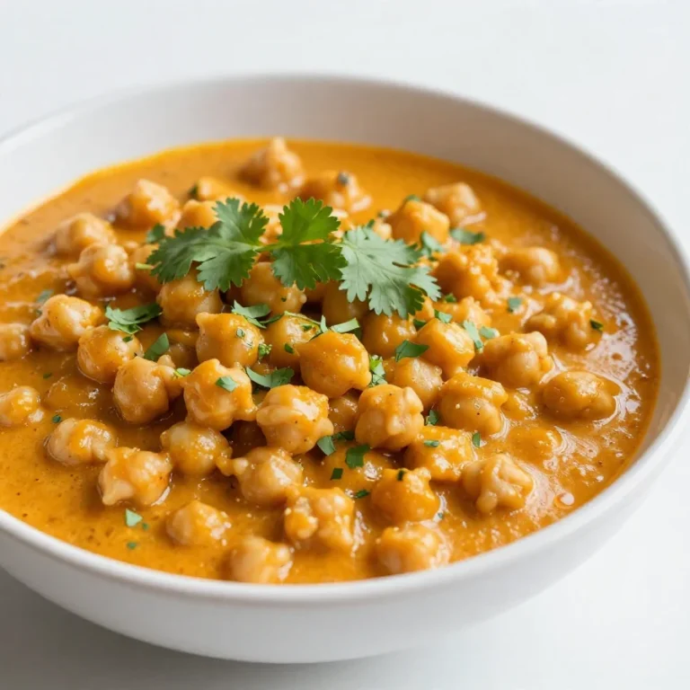 A bowl of vegan butter chicken made with chickpeas, garnished with fresh cilantro and served with rice