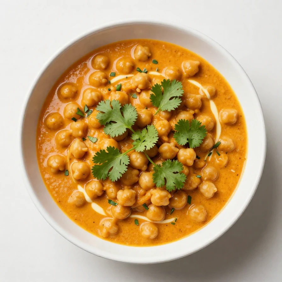A bowl of vegan butter chicken made with chickpeas, garnished with fresh cilantro and served with rice