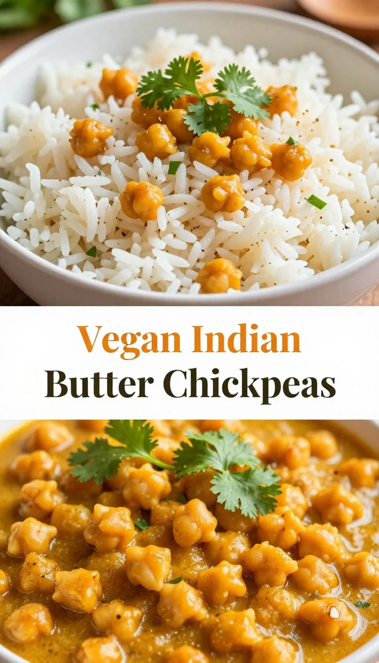 A bowl of vegan butter chicken made with chickpeas, garnished with fresh cilantro and served with rice