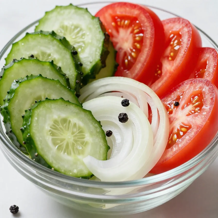 A vibrant bowl of marinated cucumbers, onions, and tomatoes garnished with herbs