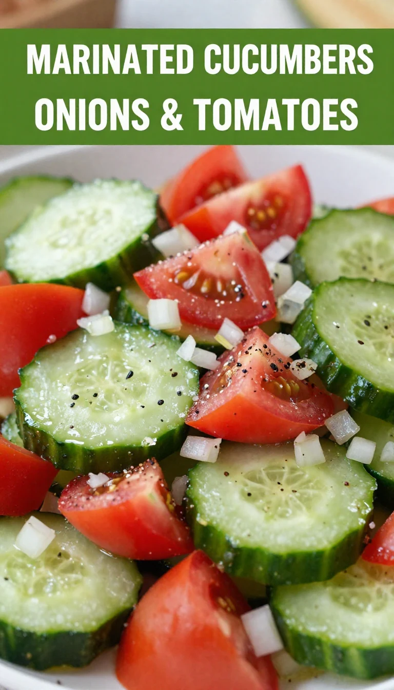 A vibrant bowl of marinated cucumbers, onions, and tomatoes garnished with herbs