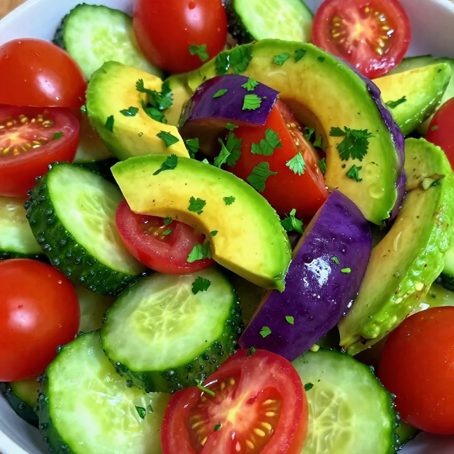 A vibrant cucumber, tomato, and avocado salad in a white bowl garnished with fresh herbs