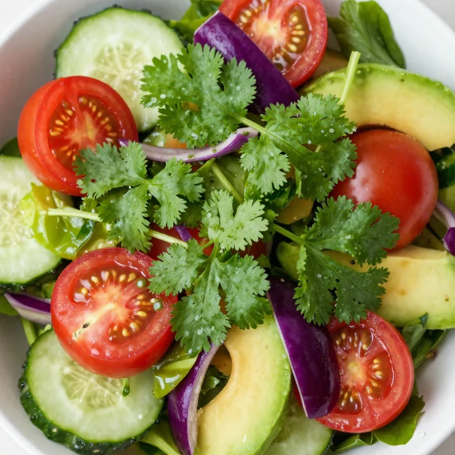 A vibrant cucumber, tomato, and avocado salad in a white bowl garnished with fresh herbs