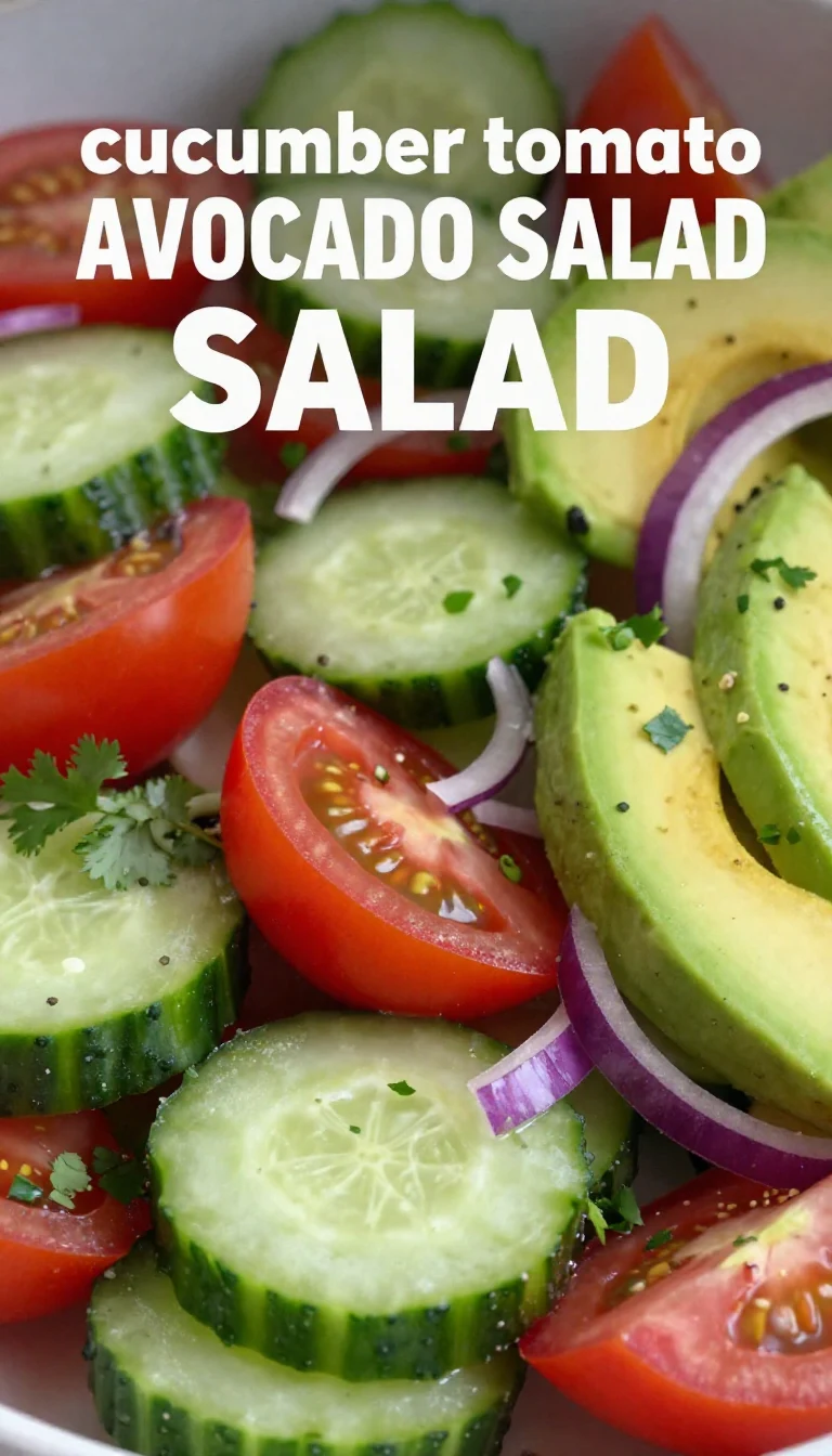 A vibrant cucumber, tomato, and avocado salad in a white bowl garnished with fresh herbs