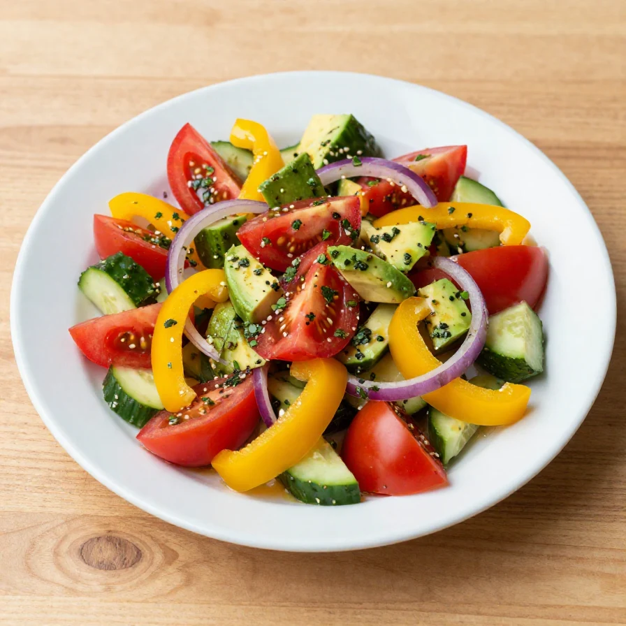 A vibrant summer salad featuring cherry tomatoes, cucumber, avocado, red onions, and basil pesto.