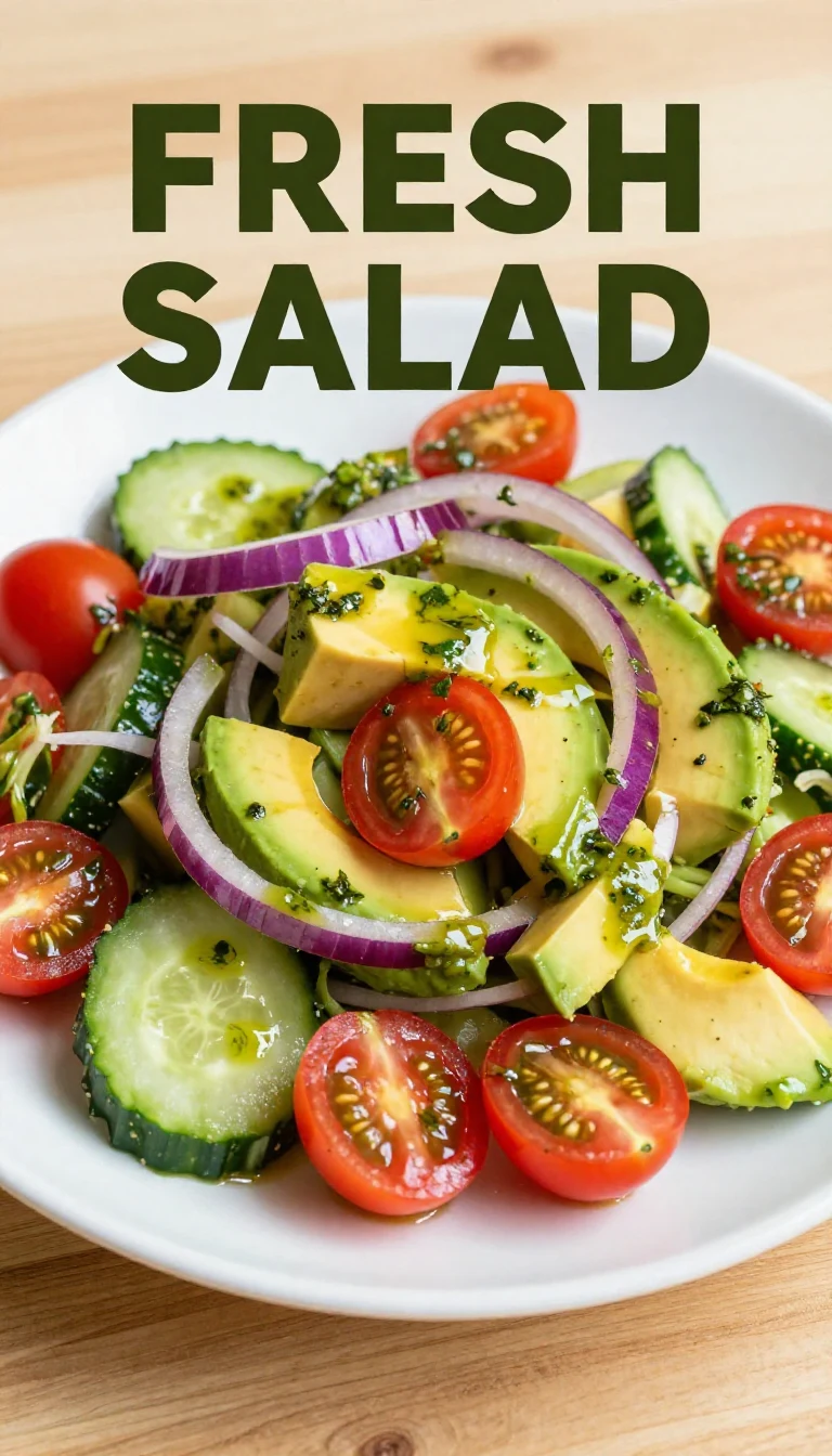 A vibrant summer salad featuring cherry tomatoes, cucumber, avocado, red onions, and basil pesto.