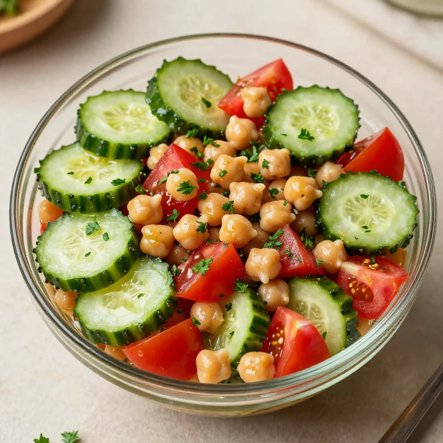 A vibrant chickpea salad with diced tomatoes and cucumbers on a wooden table