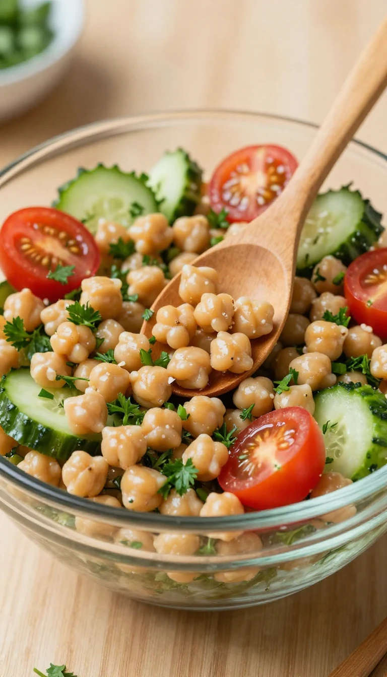 A vibrant chickpea salad with diced tomatoes and cucumbers on a wooden table