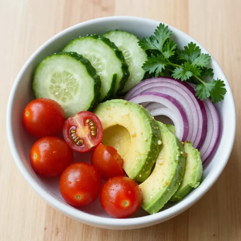 A vibrant salad featuring fresh cucumber, tomato, and avocado topped with a light dressing