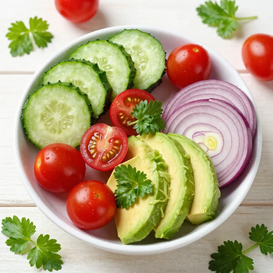 A vibrant salad featuring fresh cucumber, tomato, and avocado topped with a light dressing