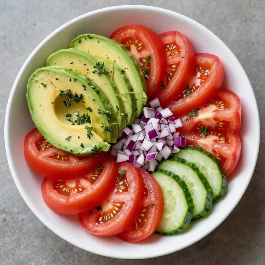 Fresh tomato, cucumber, and avocado salad in a white bowl