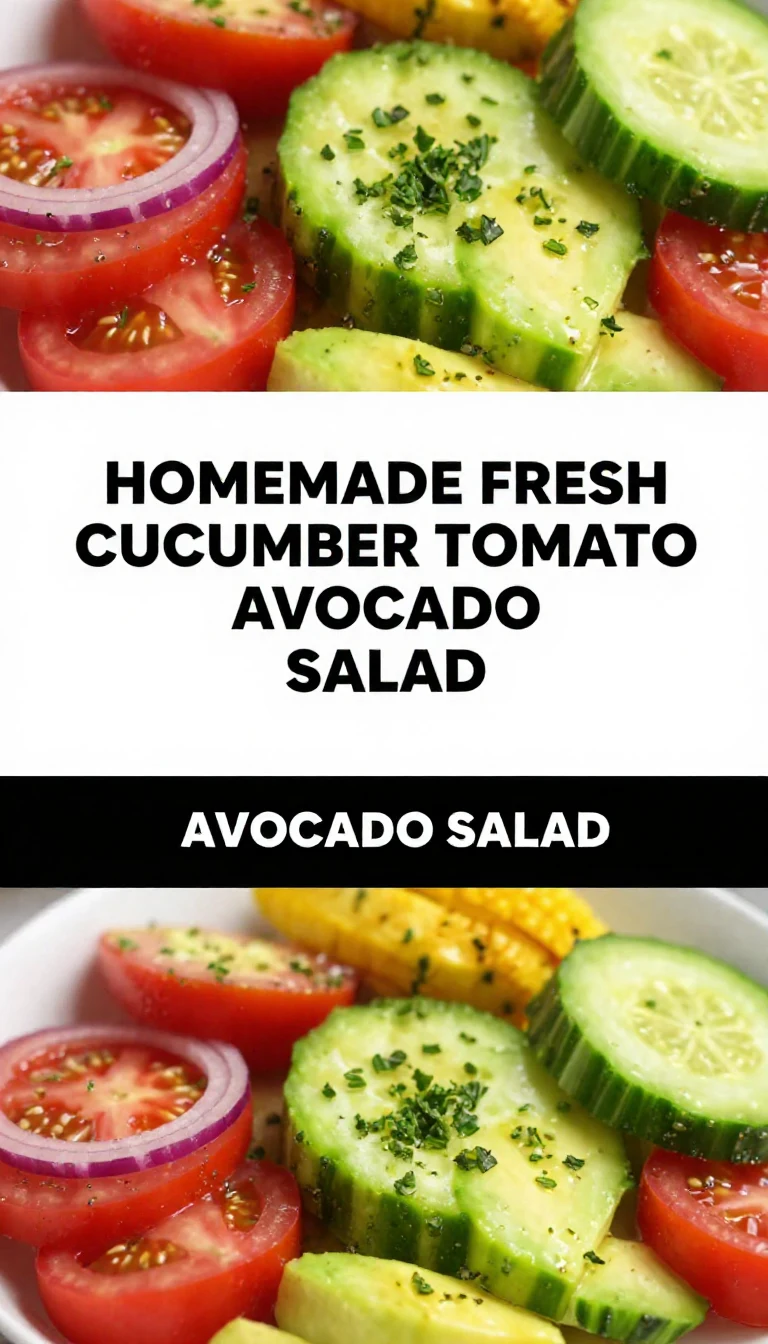 A vibrant salad featuring fresh cucumber, tomato, and avocado topped with a light dressing