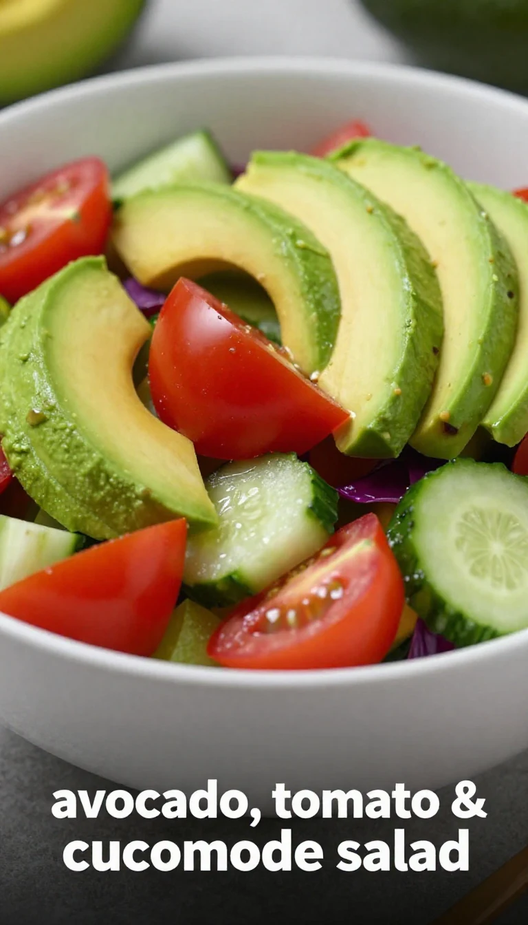 Fresh tomato, cucumber, and avocado salad in a white bowl