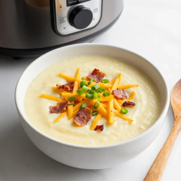 Easy Crock Pot Potato Soup Recipe A bowl of creamy potato soup garnished with chives and served with crusty bread