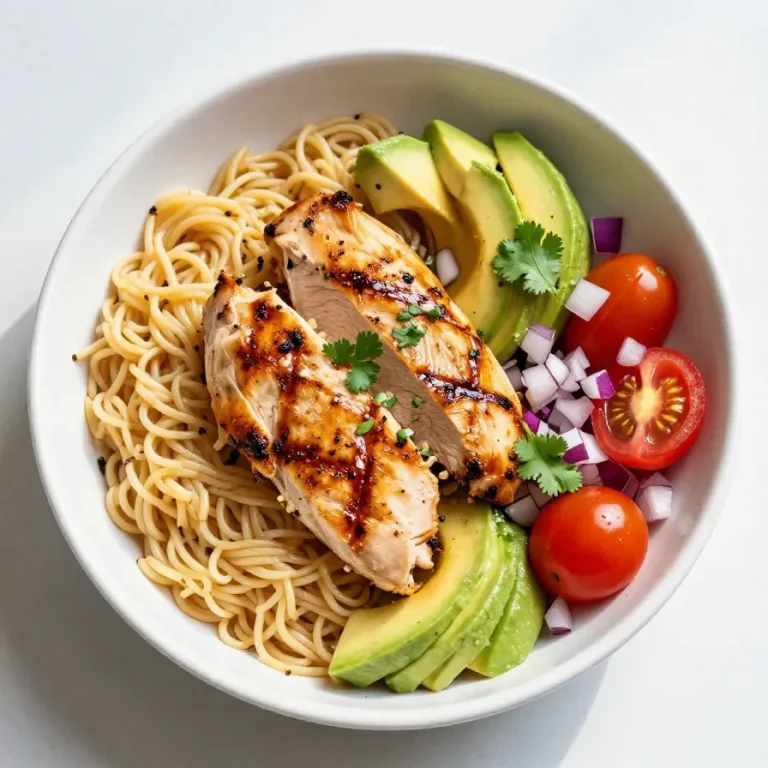 A vibrant bowl of creamy avocado chicken orzo salad topped with fresh herbs