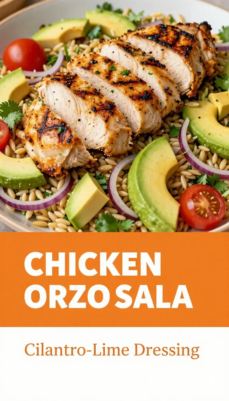 A vibrant bowl of creamy avocado chicken orzo salad topped with fresh herbs