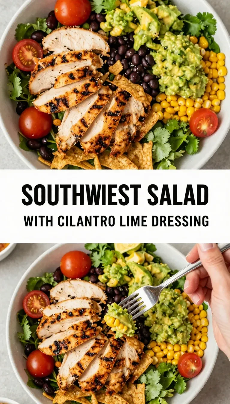 A vibrant Southwest salad topped with colorful vegetables and a creamy homemade dressing