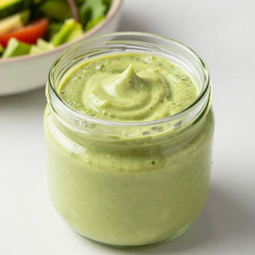 A bowl of creamy avocado lime dressing with fresh ingredients around it