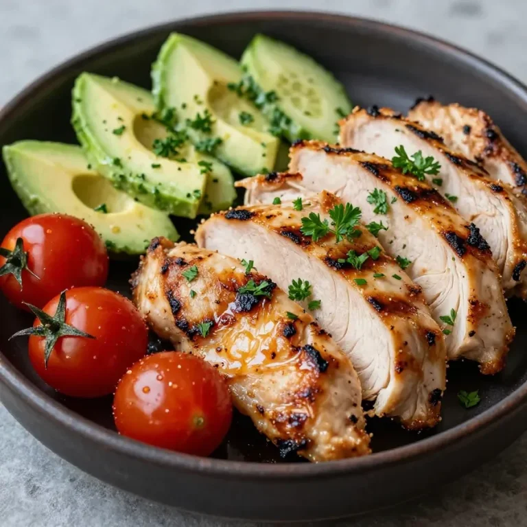 A vibrant bowl of healthy avocado chicken salad with cherry tomatoes and greens