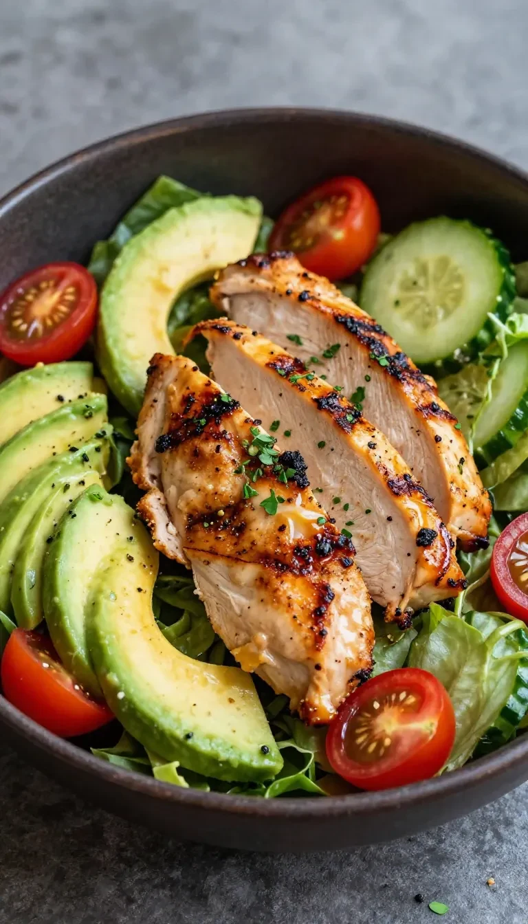 A vibrant bowl of healthy avocado chicken salad with cherry tomatoes and greens