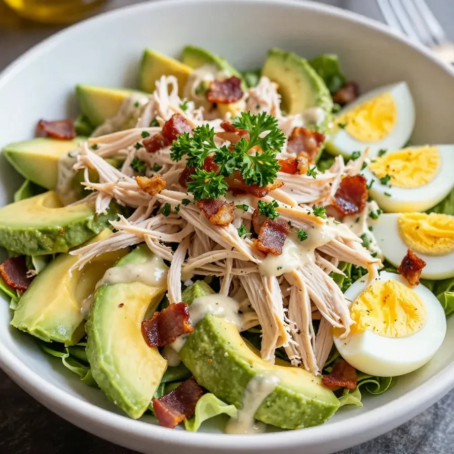 A bowl of healthy avocado chicken egg salad with fresh greens and cherry tomatoes