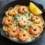 A delicious plate of lemon garlic parmesan shrimp pasta garnished with parsley