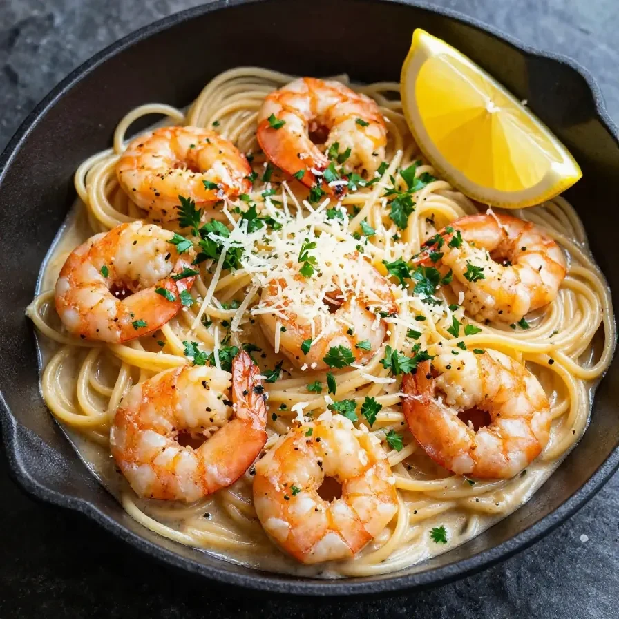 A delicious plate of lemon garlic parmesan shrimp pasta garnished with parsley