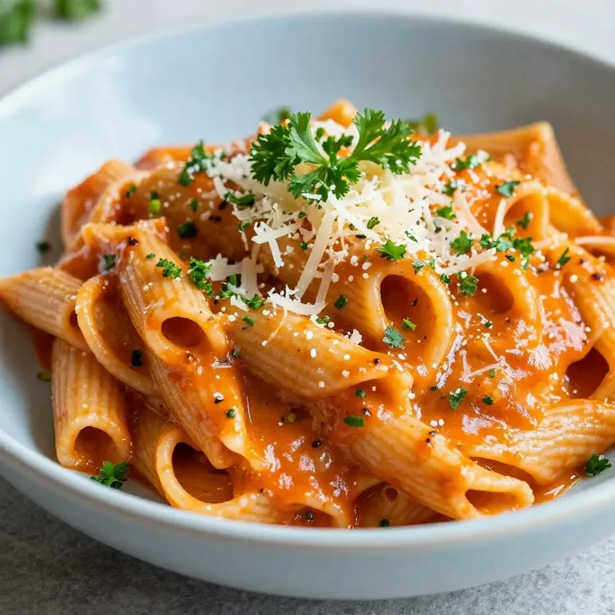 A bowl of creamy tomato basil sauce pasta garnished with fresh basil leaves