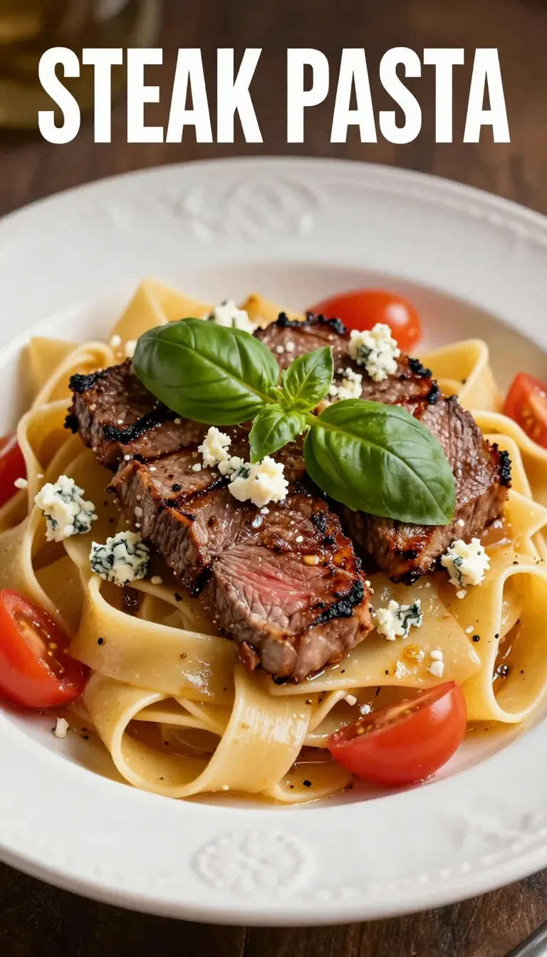 A delicious plate of steakhouse pasta topped with grilled steak and herbs