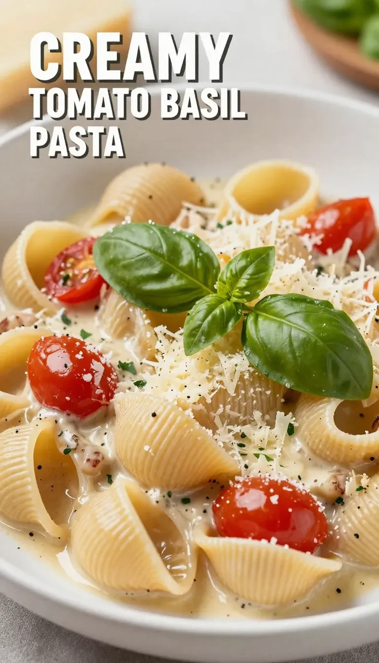 A bowl of creamy basil tomato pasta garnished with fresh basil leaves