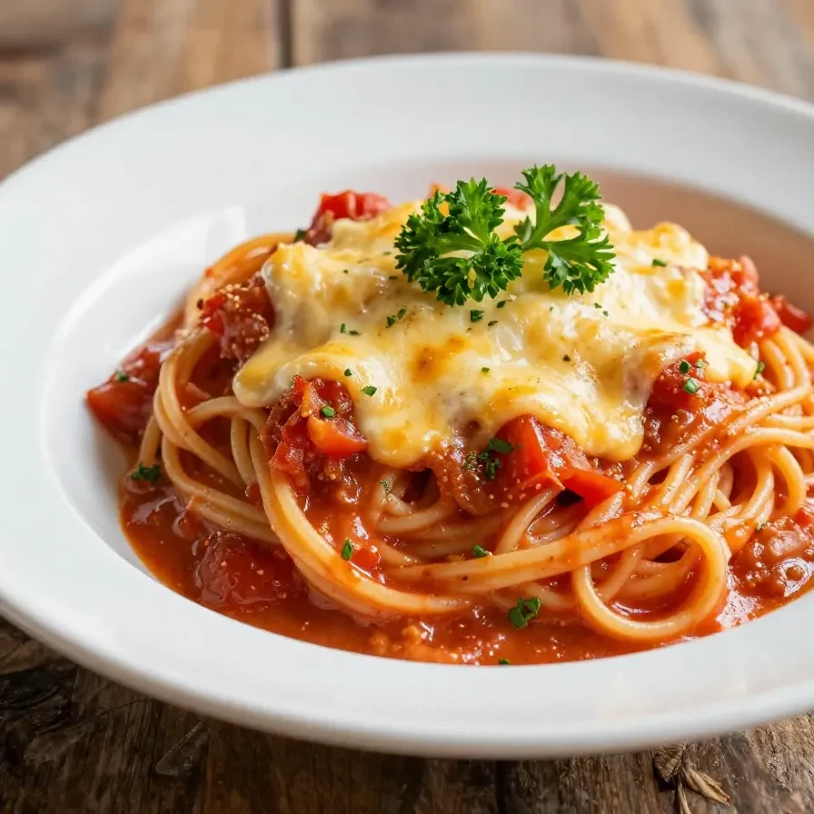 A delicious tomato pasta bake topped with melted cheese and fresh basil, ready in under 30 minutes.