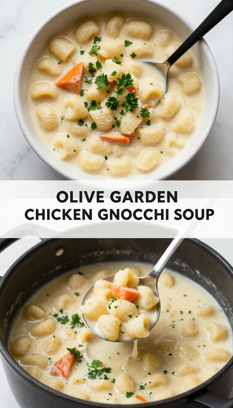 A bowl of creamy chicken gnocchi soup garnished with fresh herbs