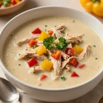 A bowl of slow cooker chicken fajita soup topped with fresh cilantro and lime wedges