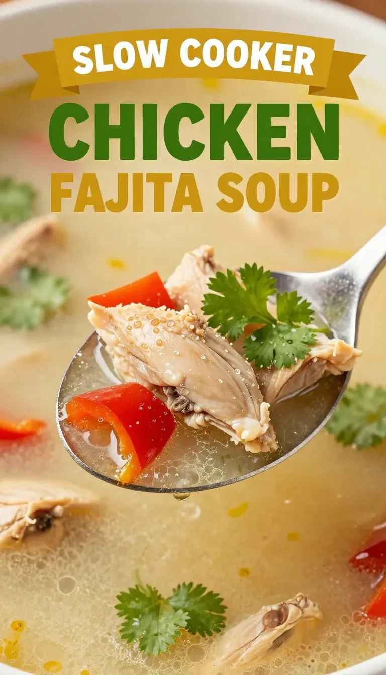 A bowl of slow cooker chicken fajita soup topped with fresh cilantro and lime wedges