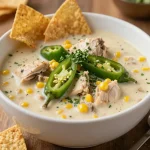 A bowl of creamy crockpot white chicken chili topped with cilantro and lime slices
