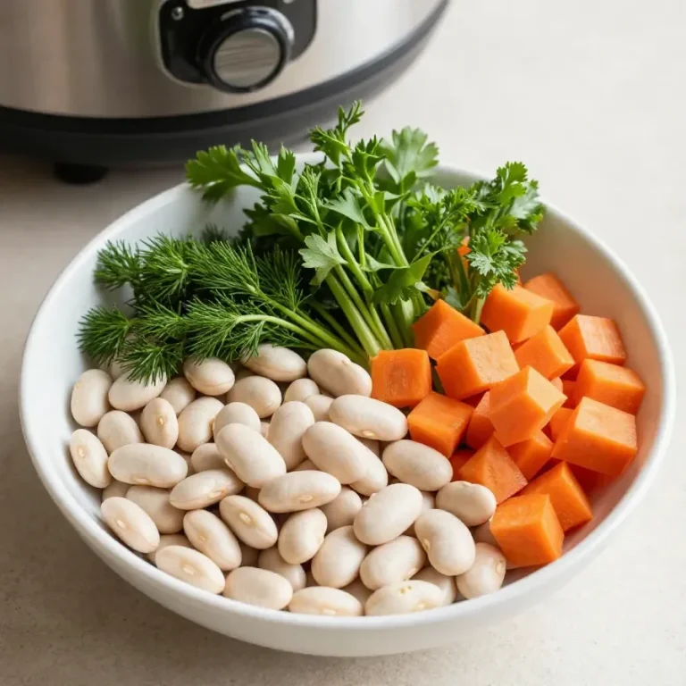 A steaming bowl of slow cooker vegetable bean soup garnished with fresh herbs