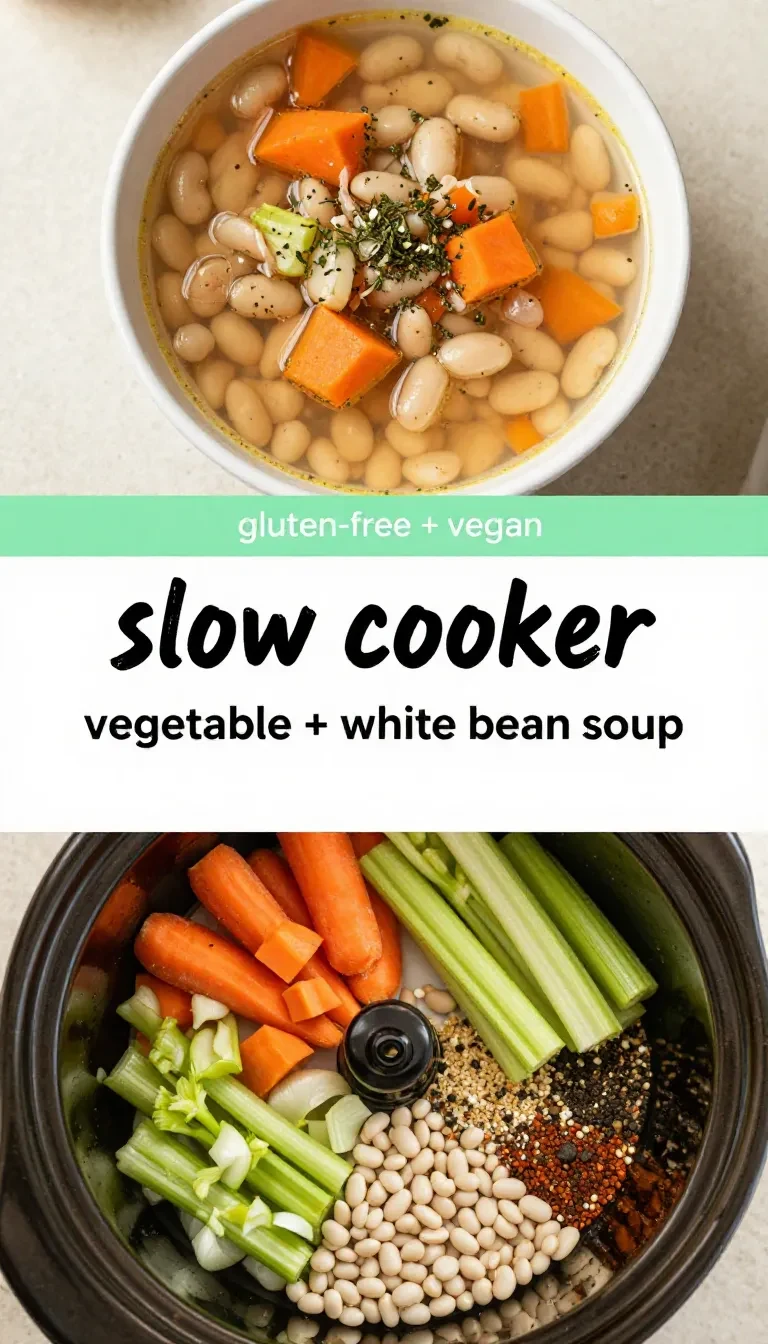 A steaming bowl of slow cooker vegetable bean soup garnished with fresh herbs