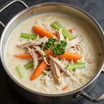 A bowl of slow cooker turkey and rice soup garnished with parsley