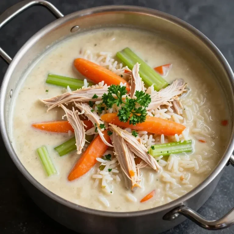 Slow Cooker Turkey and Rice Soup A bowl of slow cooker turkey and rice soup garnished with parsley