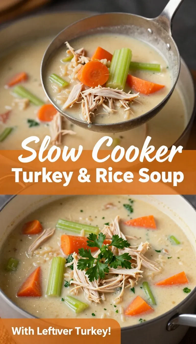 A bowl of slow cooker turkey and rice soup garnished with parsley