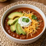 A bowl of slow cooker chipotle chicken chili topped with fresh cilantro and avocado slices