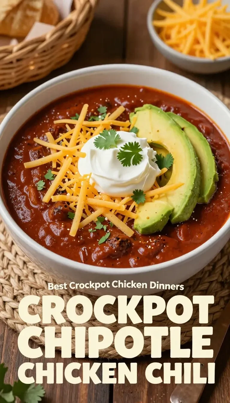 A bowl of slow cooker chipotle chicken chili topped with fresh cilantro and avocado slices