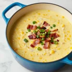 A bowl of creamy chicken corn chowder garnished with fresh herbs