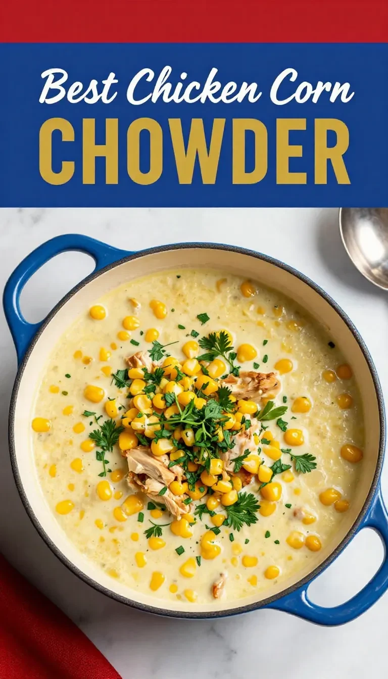 A bowl of creamy chicken corn chowder garnished with fresh herbs