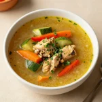 A bowl of Moroccan chicken chickpea soup garnished with fresh herbs.