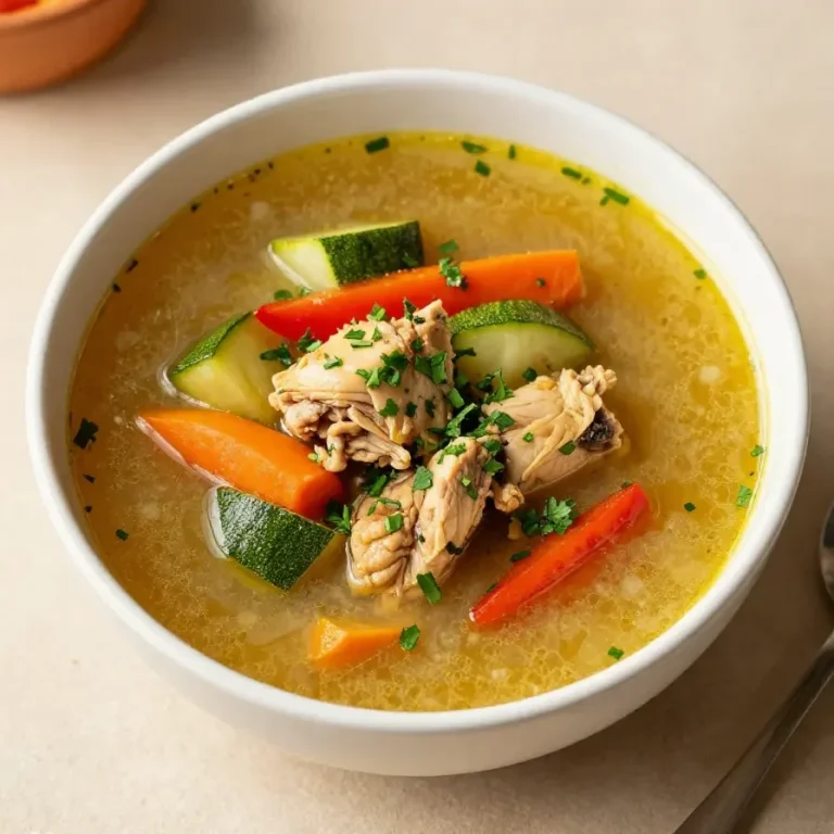A bowl of Moroccan chicken chickpea soup garnished with fresh herbs.