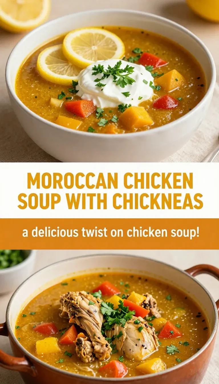A bowl of Moroccan chicken chickpea soup garnished with fresh herbs.