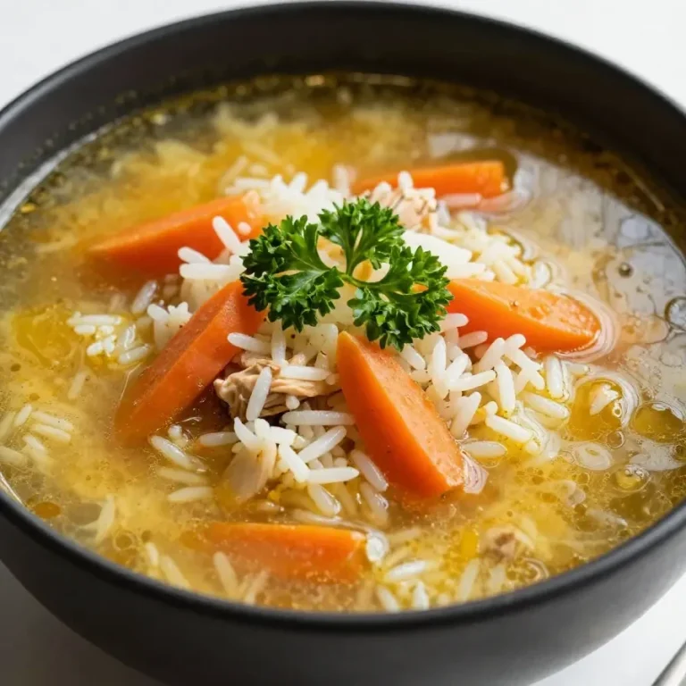 A bowl of slow cooker chicken and rice soup garnished with fresh parsley