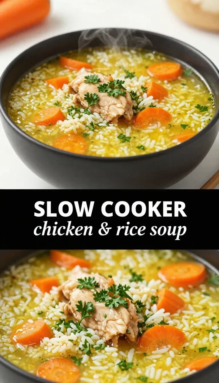 A bowl of slow cooker chicken and rice soup garnished with fresh parsley